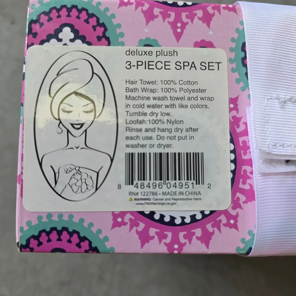 Deluxe Plush 3-Piece Spa Set Pink‎ Paisley Bath Wrap Hair Towel Loofah NIB